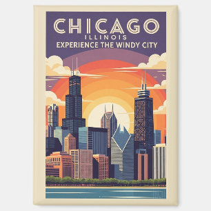 Vintage Chicago Illinois City Skyline Retro Travel Magnet