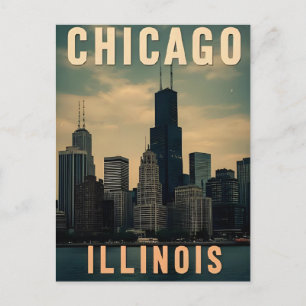 Vintage Chicago Illinois City Skyline Retro Travel Postcard