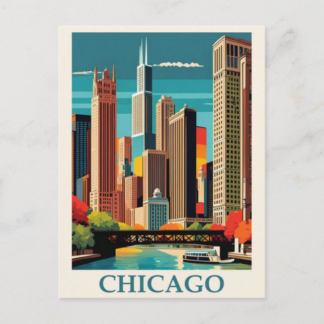 Vintage Chicago Illinois City Skyline Retro Travel Postcard (Front)