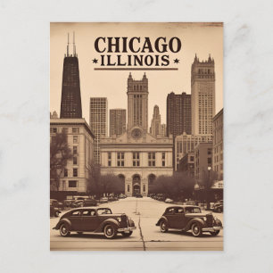 Vintage Chicago Illinois City Skyline Retro Travel Postcard