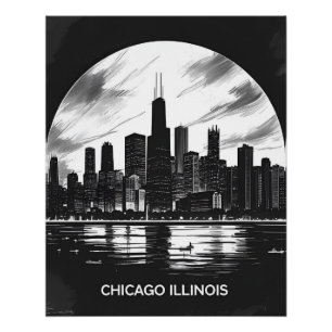 Vintage Chicago Illinois City Skyline Retro Travel Poster