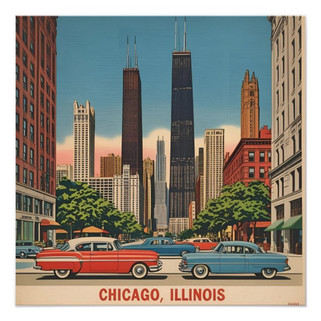 Vintage Chicago Illinois City Skyline Retro Travel Poster (Front)