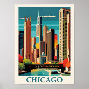 Vintage Chicago Illinois City Skyline Retro Travel Poster