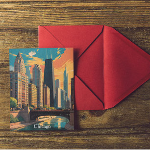 Vintage Chicago Illinois Colorful Painting Skyline Postcard