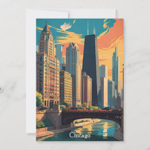 Vintage Chicago Illinois Travel Painting Skyline