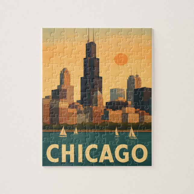 Vintage Chicago skyline, lake Michigan sailboat Jigsaw Puzzle (Vertical)