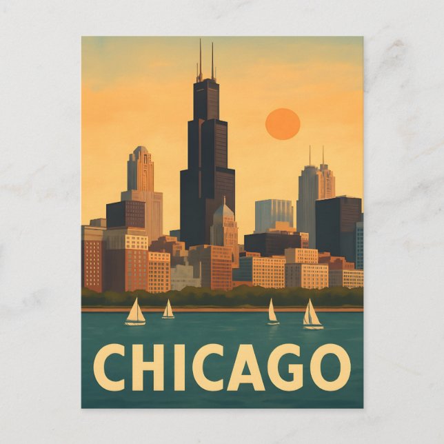 Vintage Chicago skyline, lake Michigan sailboat Postcard (Front)