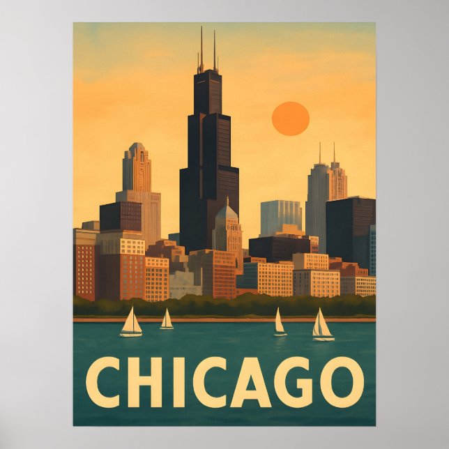 Vintage Chicago skyline, lake Michigan sailboat Poster (Front)