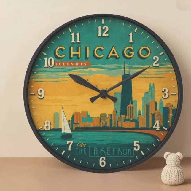 Vintage Chicago Skyline Lakefront Art Large Clock (Creator Uploaded)