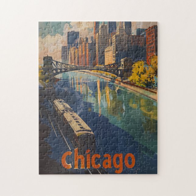 Vintage Chicago Travel Poster Jigsaw Puzzle (Vertical)