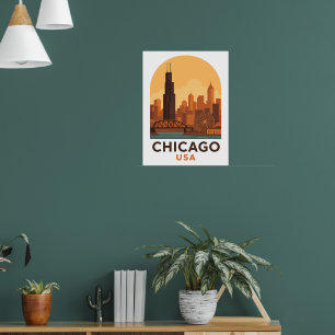 Vintage Chicago USA Travel  Retro City Sky Poster
