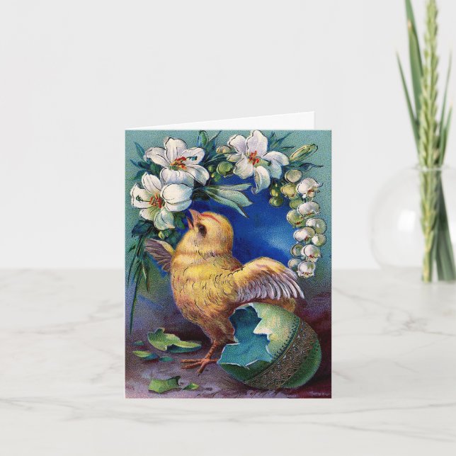 Vintage Chick, Easter Egg, and Lilies Holiday Card (Front)
