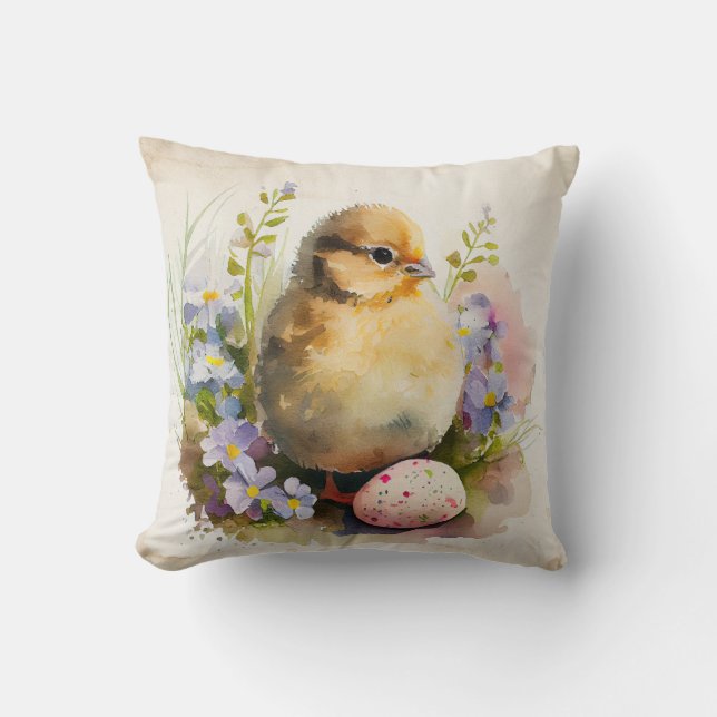 Vintage Chick with egg and flowers Cushion (Front)