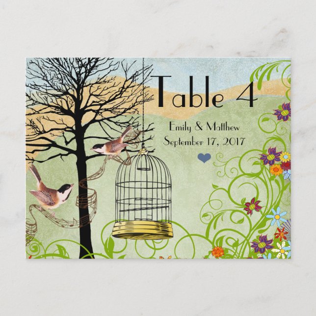 Vintage Chickadee Birdcage Wedding Number Card (Front)