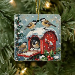 Vintage Chickadees on Snowy Christmas Mailbox Ceramic Ornament