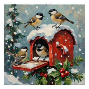 Vintage Chickadees on Snowy Christmas Mailbox Poster