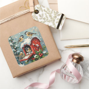Vintage Chickadees on Snowy Christmas Mailbox Square Sticker