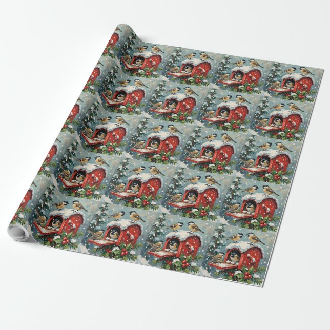 Vintage Chickadees on Snowy Christmas Mailbox Wrapping Paper (Unrolled)