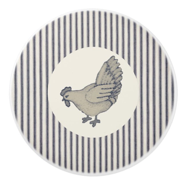 Vintage Chicken and Ticking Striped Ceramic Knob (Front)
