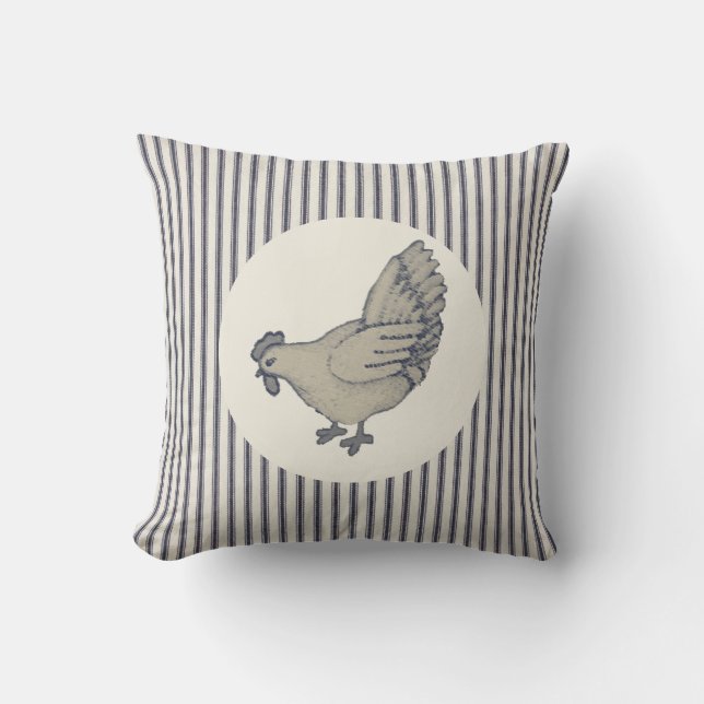 Vintage Chicken and Ticking Striped Throw Pillow (Front)