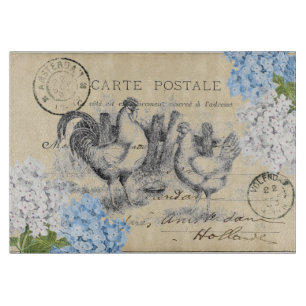 Vintage Chicken Blue Flower Postcard Cutting Board