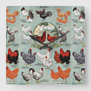 Vintage Chicken Breeds Square Wall Clock