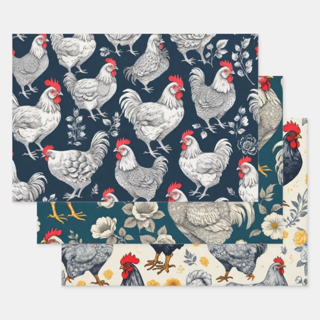 Vintage Chicken Illustration Wrapping Paper Sheet (Set)