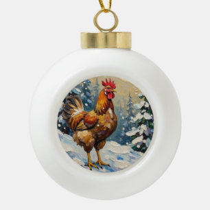 Vintage Chicken in Snowy Christmas Wonderland Ceramic Ball Christmas Ornament
