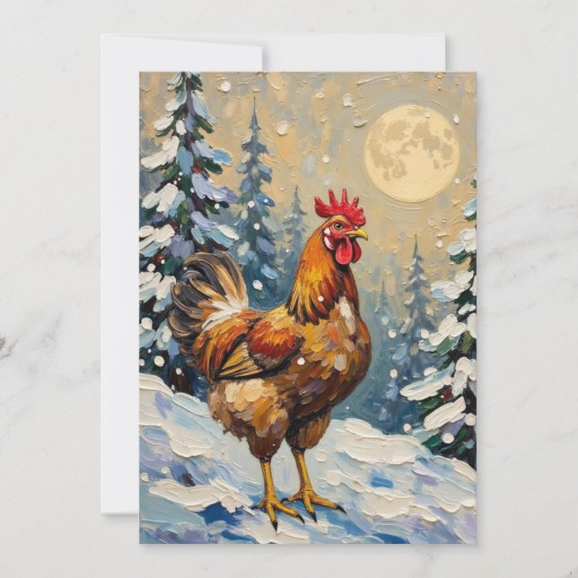 Vintage Chicken in Snowy Christmas Wonderland Holiday Card (Front)