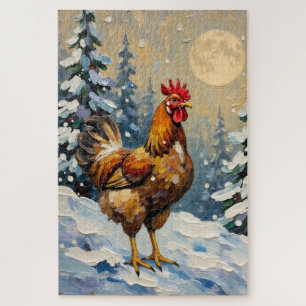 Vintage Chicken in Snowy Christmas Wonderland Jigsaw Puzzle