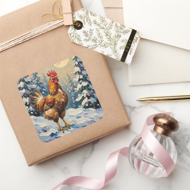 Vintage Chicken in Snowy Christmas Wonderland Square Sticker (Gifting)