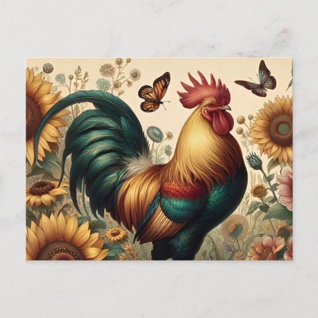 Vintage Chicken Rooster Aesthetic and Wildflower Postcard (Front)