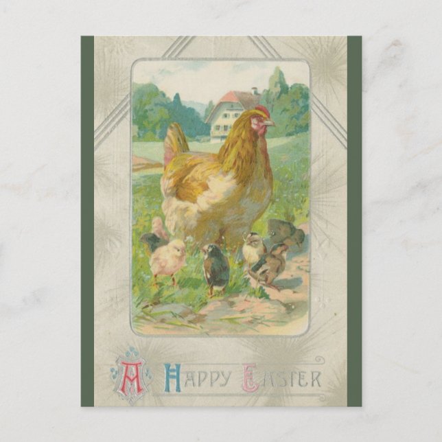 Vintage Chickens on a Farm Easter Postcard (Front)