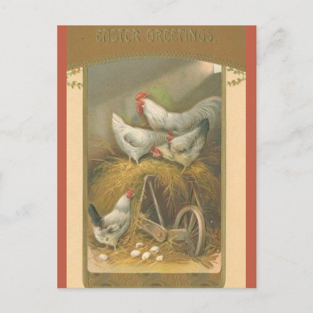 Vintage Chickens on Hay Easter Postcard (Front)