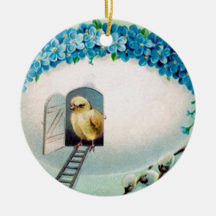 Vintage Chicks Easter Greeting Ceramic Tree Decoration