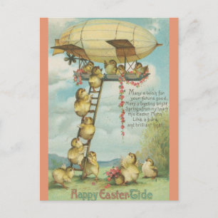 Vintage Chicks On a Ladder to a Balloon Easter Postcard