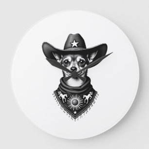 Vintage Chihuahua Cowboy Engraving Style Western D Large Clock