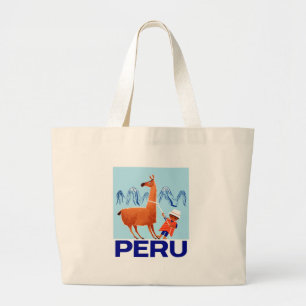 Vintage Child and Llama Peru Travel Poster Large Tote Bag