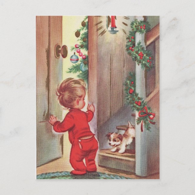 Vintage Child and Puppy Christmas Themed Holiday Postcard (Front)