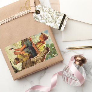 Vintage Child, Boy Fishing with His Pet Dog Mutt Rectangular Sticker