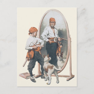 Vintage Child, Boy Pirate, Dog, Mirror, Buccaneer Postcard