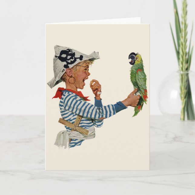 Vintage Child, Boy Playing Pirate Parrot Bird Card (Front)