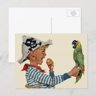 Vintage Child, Boy Playing Pirate Parrot Bird Postcard