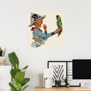 Vintage Child, Boy Playing Pirate Parrot Bird Poster