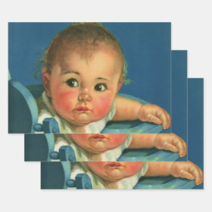Vintage Child, Cute Baby Boy or Girl in Highchair Wrapping Paper Sheet