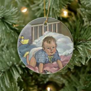Vintage Child, Cute Baby Playing in Crib, Nap Time Ceramic Tree Decoration