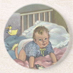 Vintage Child, Cute Baby Playing in Crib, Nap Time Coaster