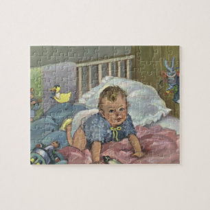 Vintage Child, Cute Baby Playing in Crib, Nap Time Jigsaw Puzzle