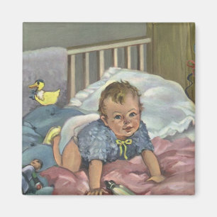 Vintage Child, Cute Baby Playing in Crib, Nap Time Magnet