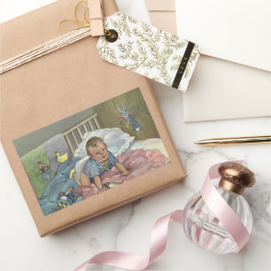 Vintage Child, Cute Baby Playing in Crib, Nap Time Rectangular Sticker